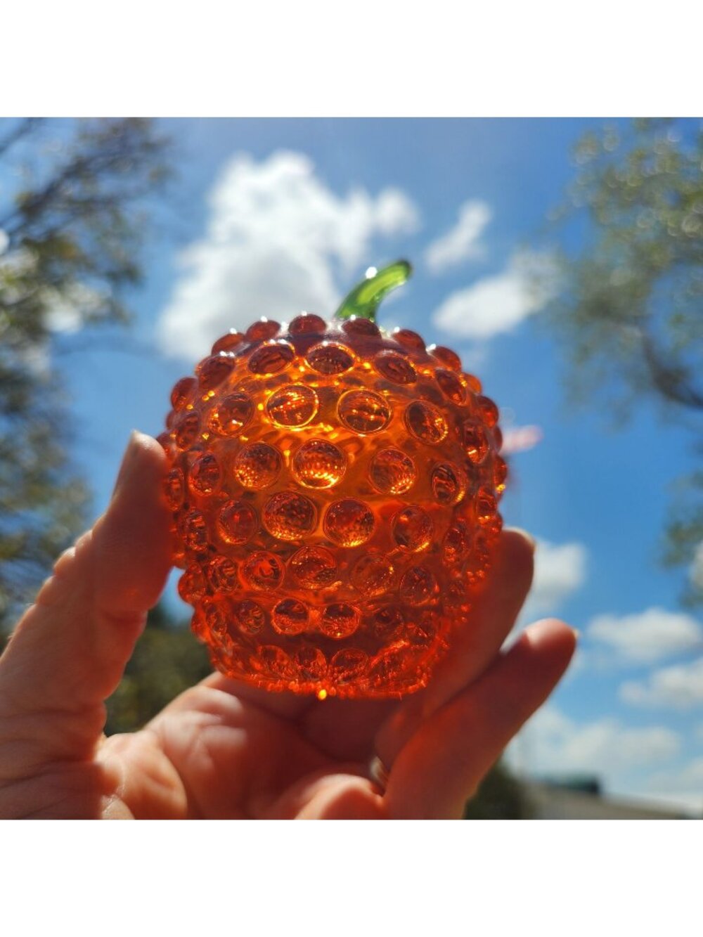 Orange Glass Strawberry With Green Stem - Hobnail Design